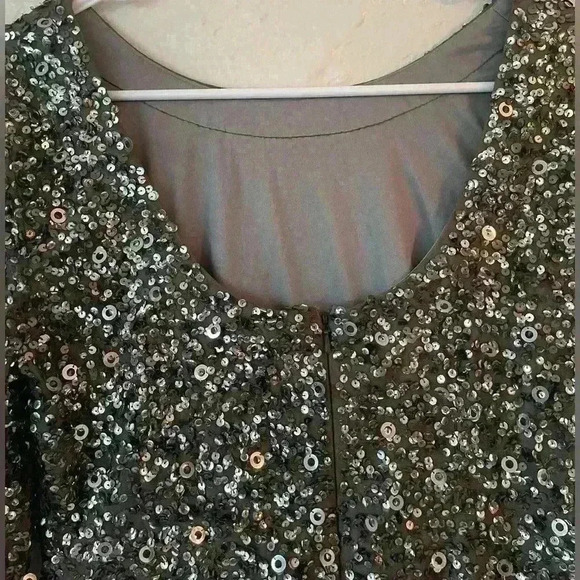 Adrianna Papell Scoop Back Sequin Long Sleeve Dress in Lead #N377; size 8 - Picture 7 of 10